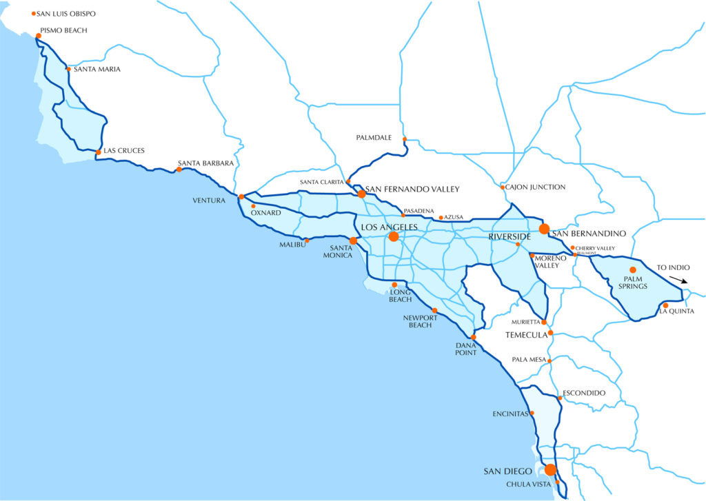 GFS Southern California service area map, Santa Barbara to San Diego